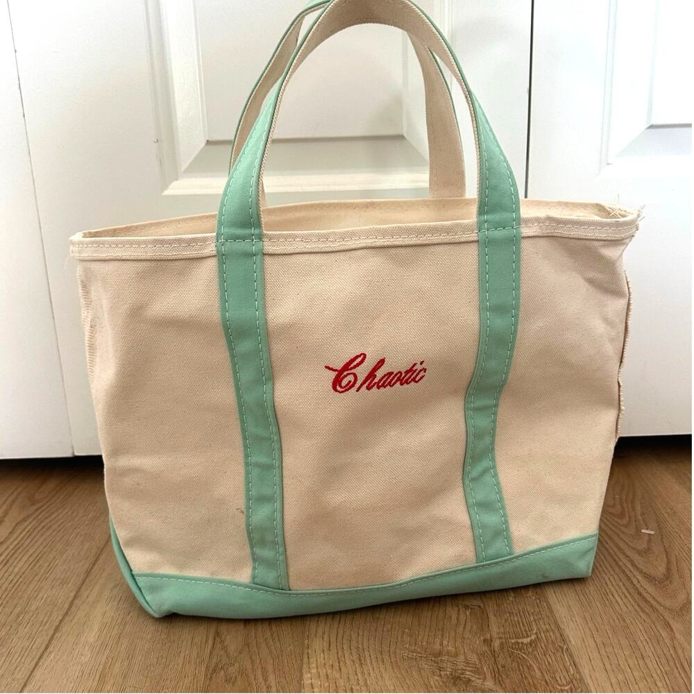 Vintage LL Bean canvas tote teal embroidered chaotic